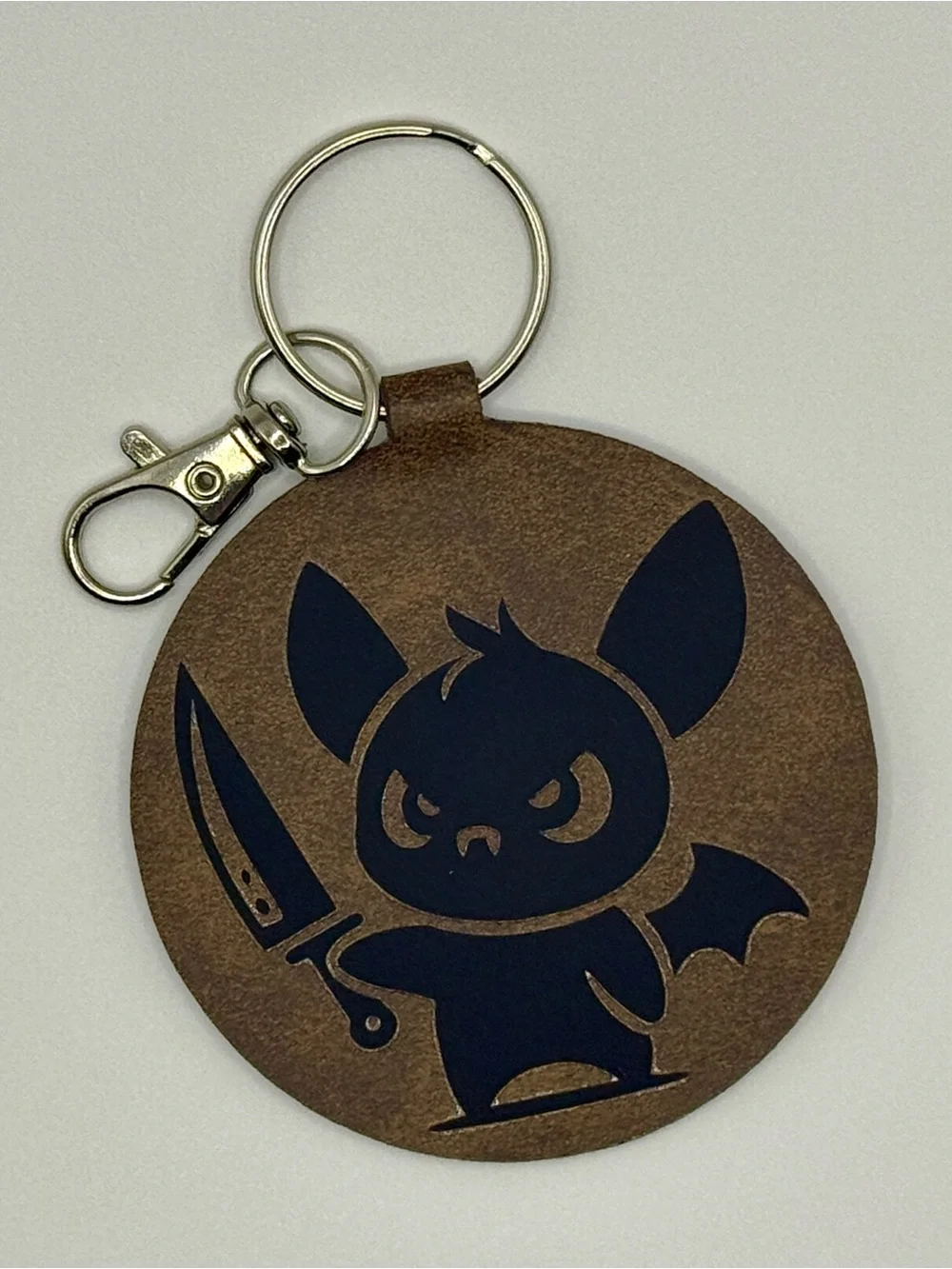 Faux Leather Bat Character Keychain in Brown and Black